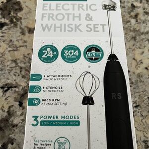New Real Simple Electric Froth Whisk Set Black 5 stencils rechargeable